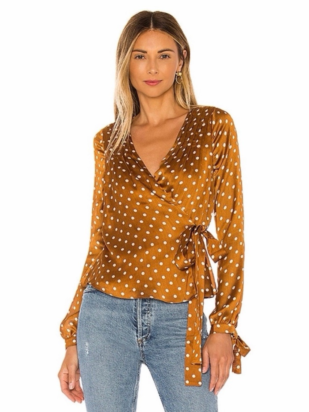 NWT Tularosa Charmaine Camel Polka‎ Dot Satin Wrap Top Long Sleeve
